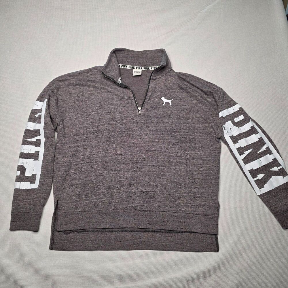 PINK Women’s 1/4 Zip Heather Gray Logo Pullover M Long Sleeve